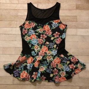 Floral Mesh Sweetheart Neckline Peplum Shirt